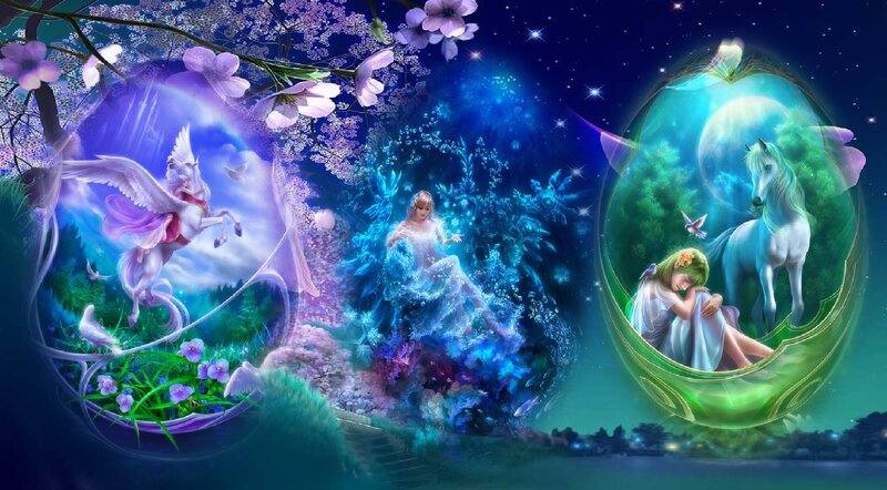 Woman with Unicorns — Blue, Dreamy