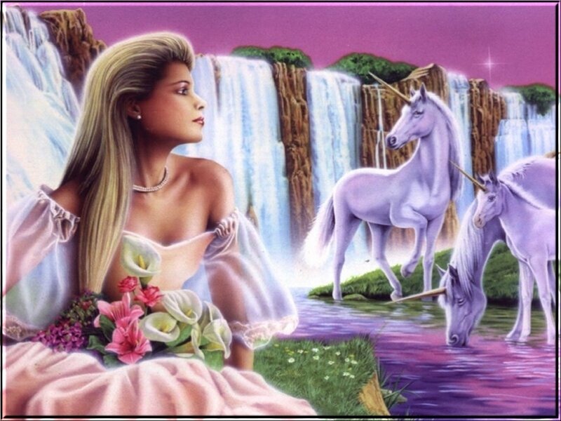 woman with unicorns by waterfall