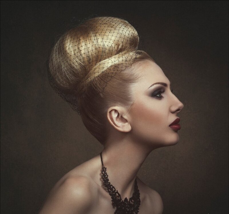 Woman with Updo Hairstyle — Brown, Dramatic, Photograph