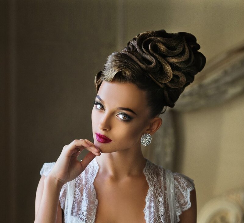 Woman with Updo Hairstyle — White, Dramatic, Photograph