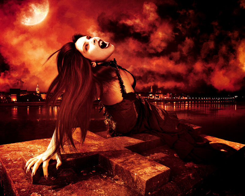 woman with vampire fangs