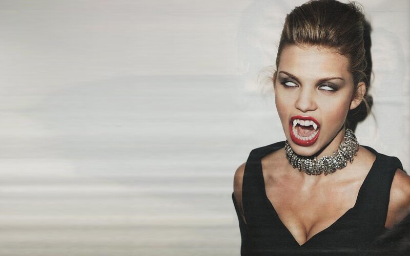 Woman with Vampire Fangs — Black, Dramatic, Photograph, Red Lipstick