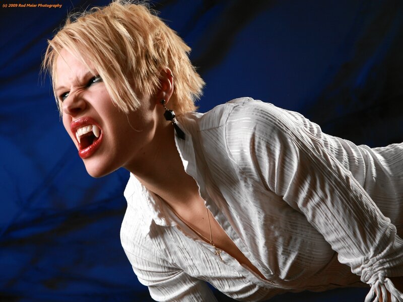 Woman with Vampire Fangs — Blue, Dramatic, Photograph