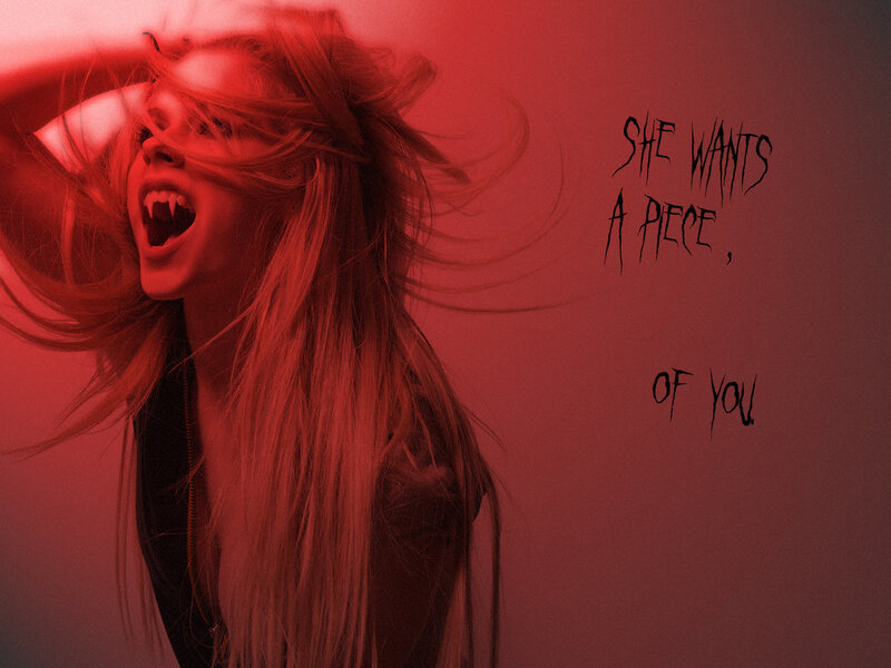 Woman with Vampire Fangs — Red, Dramatic, Photograph