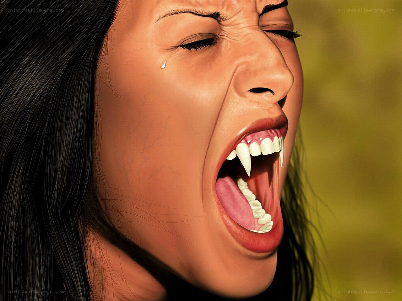 woman with vampire fangs screaming