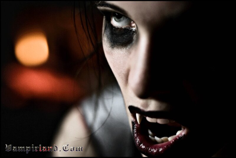Woman with Vampire Makeup — Black, Dramatic, Night, Photograph, Fangs