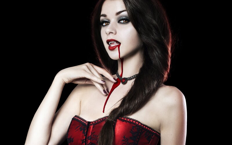 Woman with Vampire Makeup — Black, Dramatic, Photograph, Blood