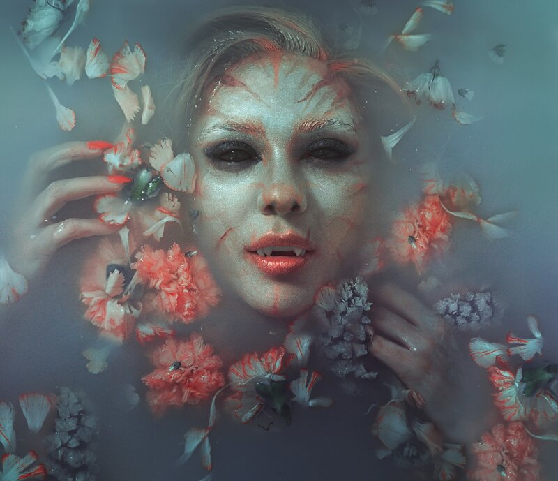 Woman with Vampire Makeup — White, Dramatic, Digital Art