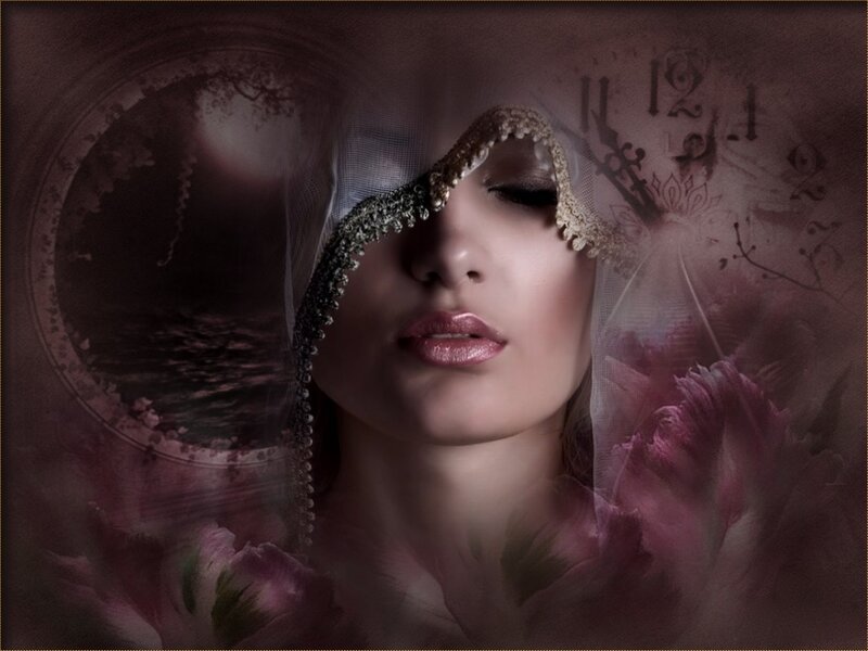 Woman with Veil and Flowers — Purple, Dreamy