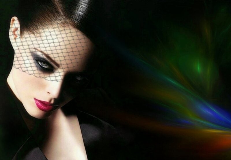 Woman with Veil and Makeup — Black, Dramatic, Photograph