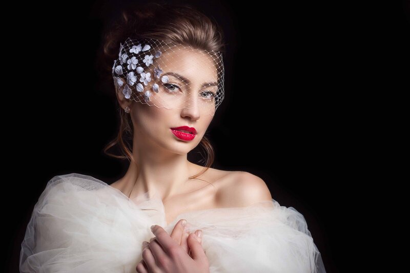 Woman with Veil and Red Lips — White