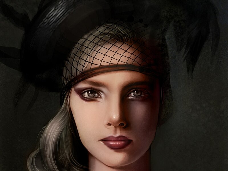 Woman with Veil — Black, Dramatic, Digital Art, Hat