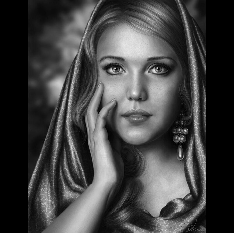 Woman with Veil — Black, Dramatic, Digital Art