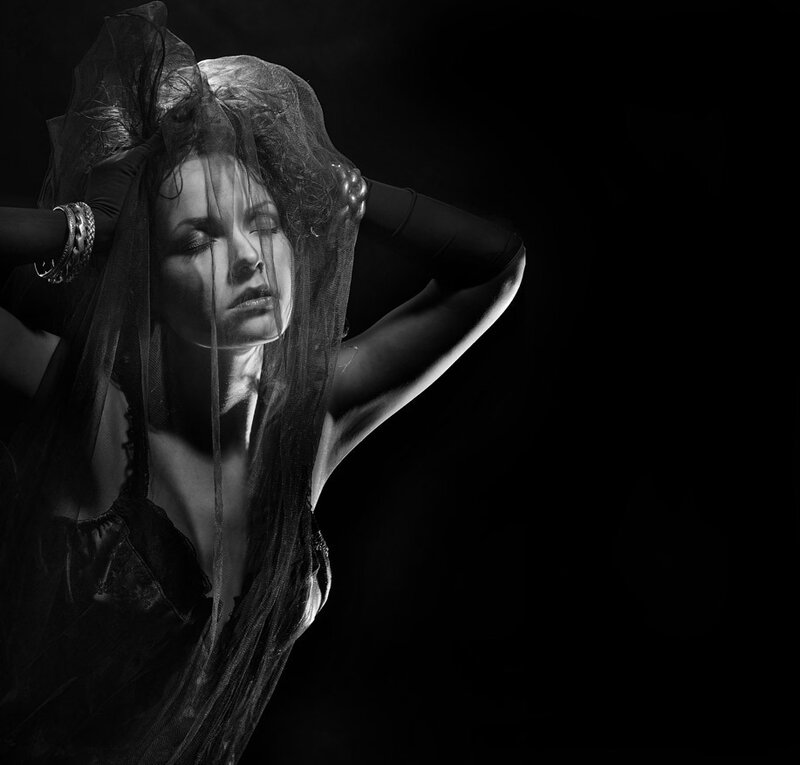 Woman with Veil — Black, Dramatic, Night, Photograph