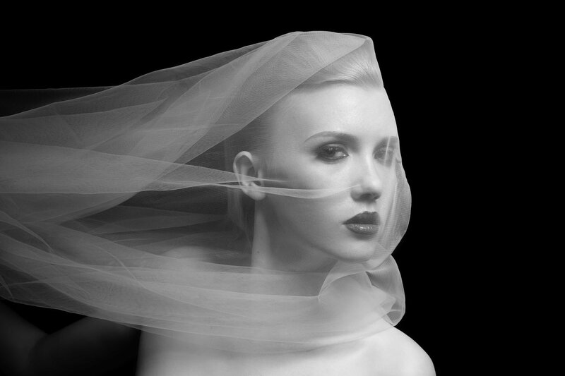 Woman with Veil — Black, Dramatic, Photograph, Black Background