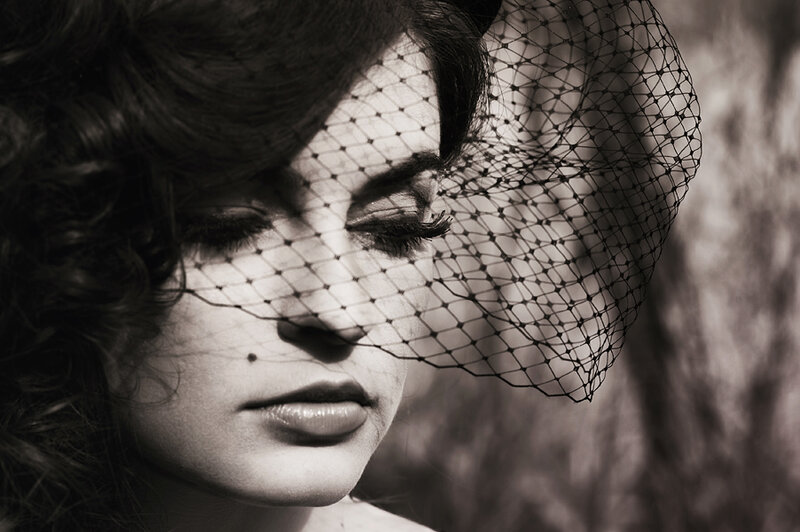 Woman with Veil — Black, Dramatic, Photograph, Curly Hair