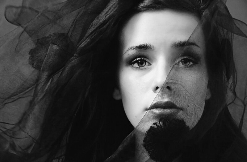 Woman with Veil — Black, Dramatic, Photograph, Eyes, Hair