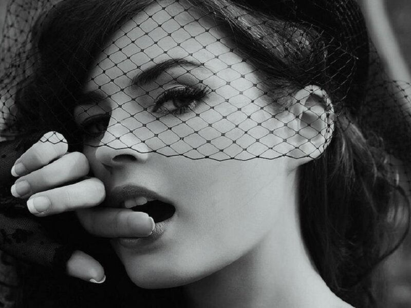 Woman with Veil — Black, Dramatic, Photograph, Hand, Lips
