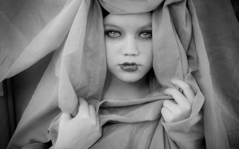 Woman with Veil — Black, Dramatic, Photograph, Hands