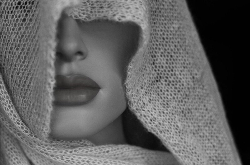 Woman with Veil — Black, Dramatic, Photograph, Lips