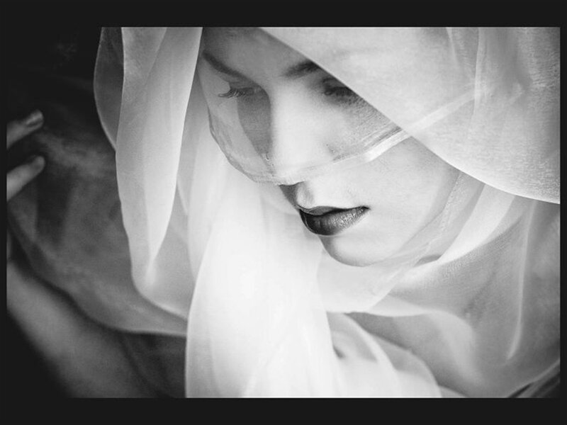 Woman with Veil — Black, Dramatic, Photograph, Lipstick