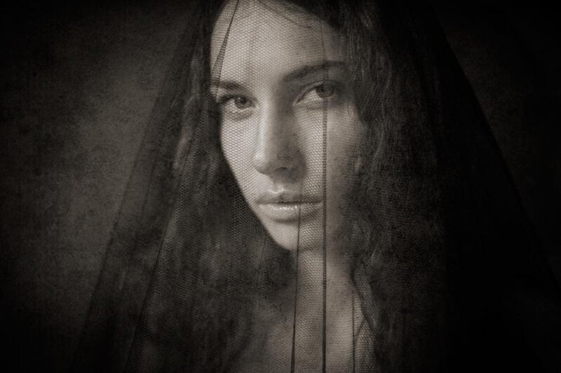 Woman with Veil — Black, Dramatic, Photograph, Long Hair