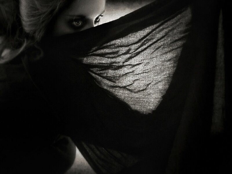 Woman with Veil Covering Face — Black, Dramatic, Photograph