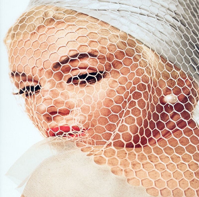 Woman with Veil — White, Dramatic, Photograph, Red Lipstick