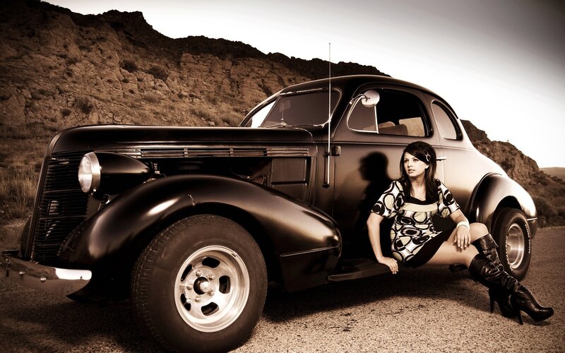 woman with vintage car