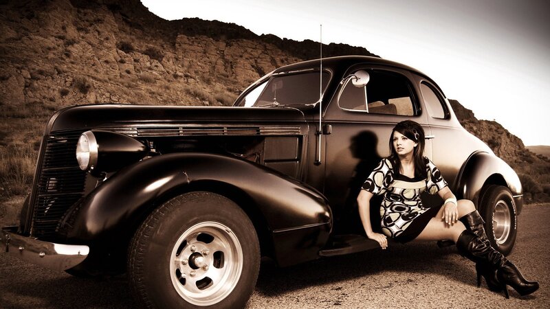 woman with vintage car