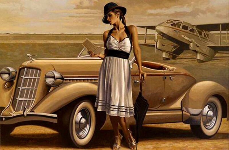 Woman with Vintage Car — Beige