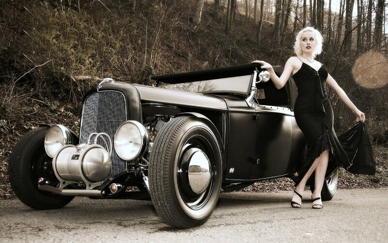 Woman with Vintage Car — Black, Dramatic, Autumn, Photograph