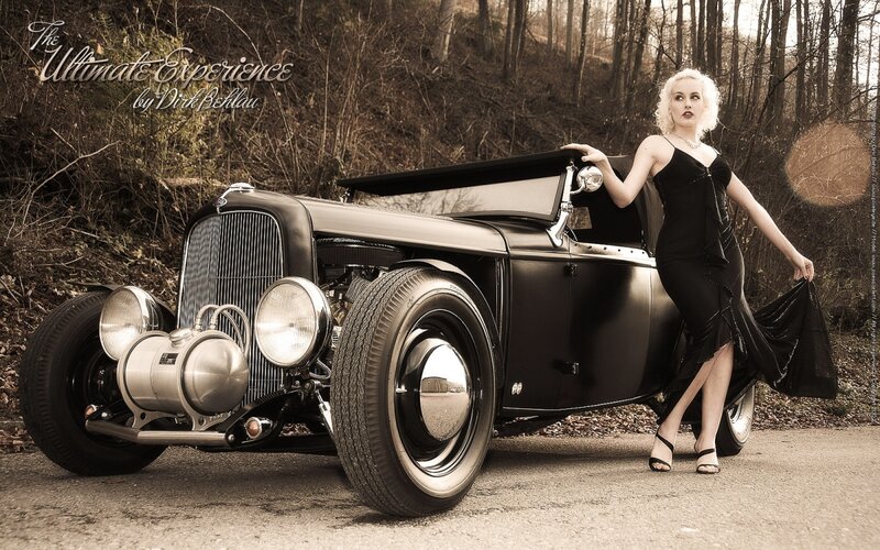Woman with Vintage Car — Black, Dramatic, Autumn