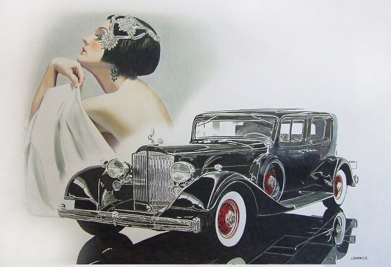 Woman with Vintage Car — Black, Dramatic, Illustration
