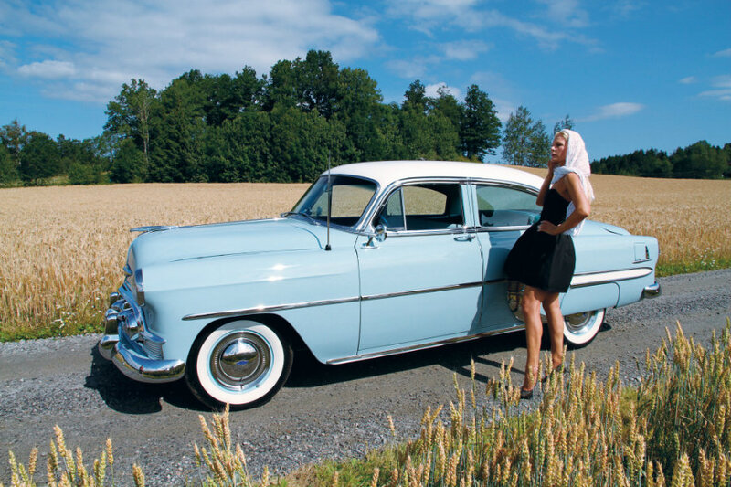 Woman with Vintage Car — Light Blue