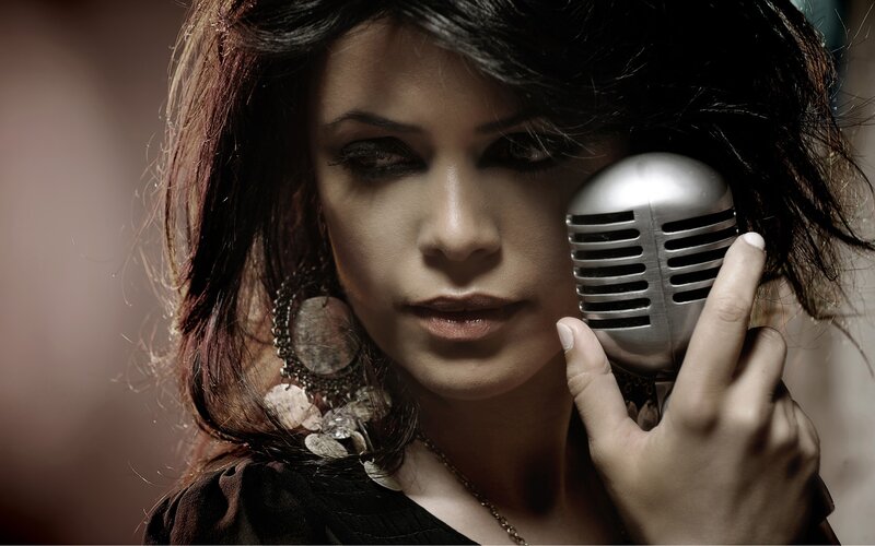 woman with vintage microphone