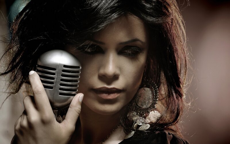 woman with vintage microphone