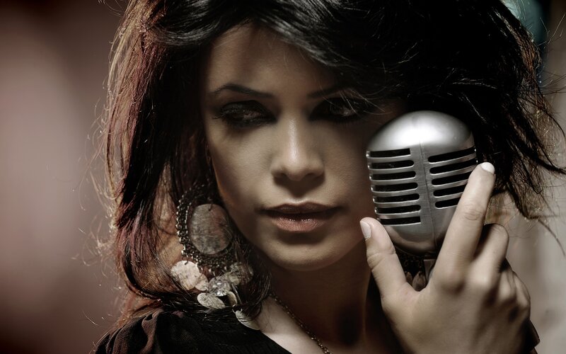 woman with vintage microphone