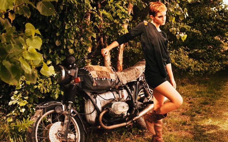 woman with vintage motorcycle