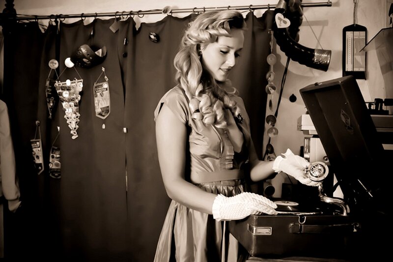 woman with vintage record player