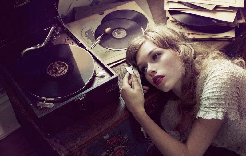 Woman with Vinyl Record Player — Brown