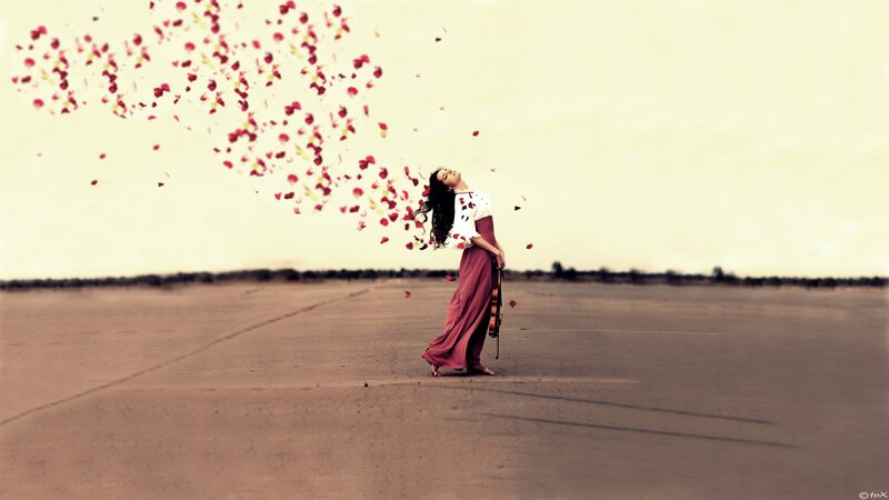 woman with violin and falling petals