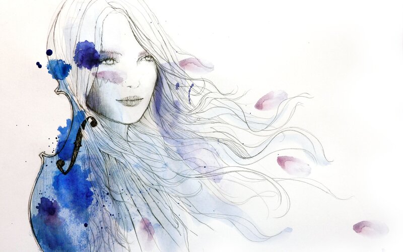 woman with violin and flowing hair