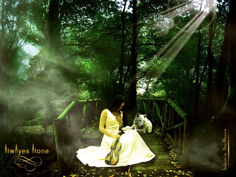 Woman with Violin and Wolf — Green