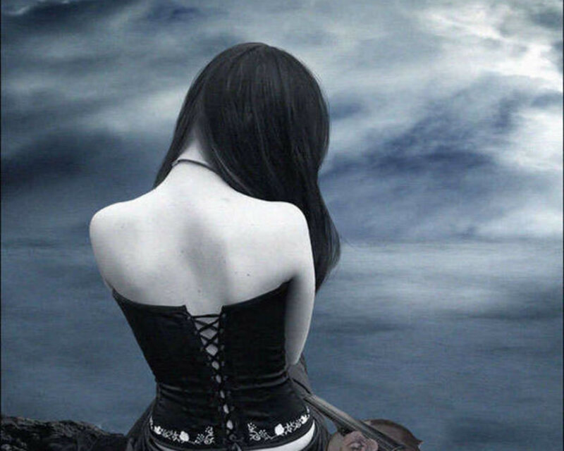 Woman with Violin — Black, Dramatic, Digital Art, Corset