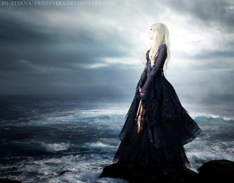 Woman with Violin — Black, Dramatic, Digital Art, Ocean