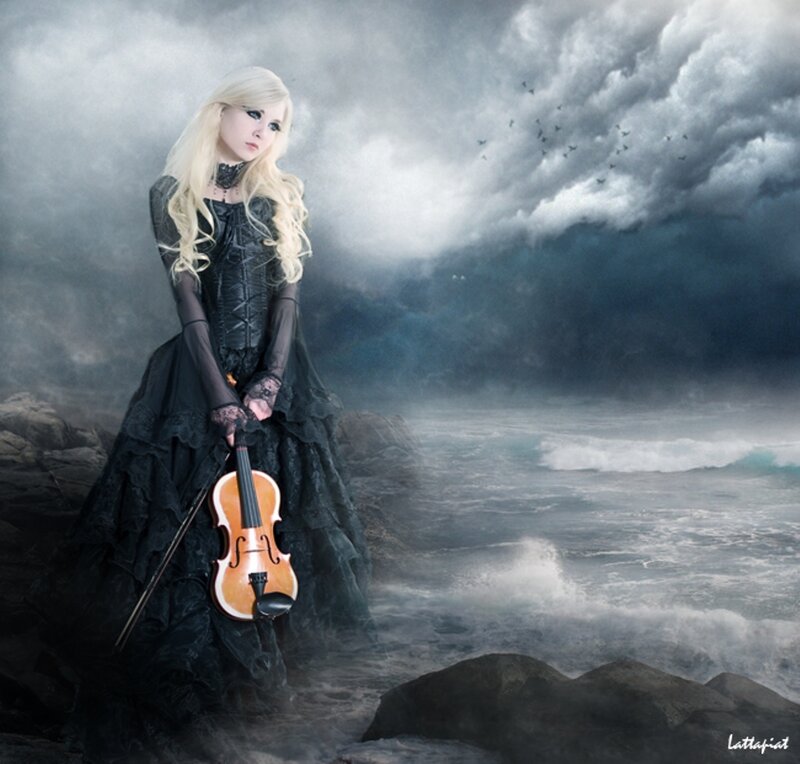 Woman with Violin — Black, Dramatic, Digital Art, Stormy Sky