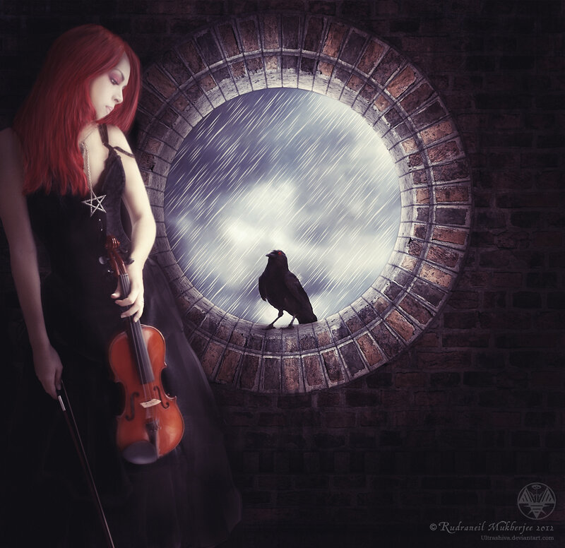 Woman with Violin — Black, Dramatic, Night, Digital Art, Crow