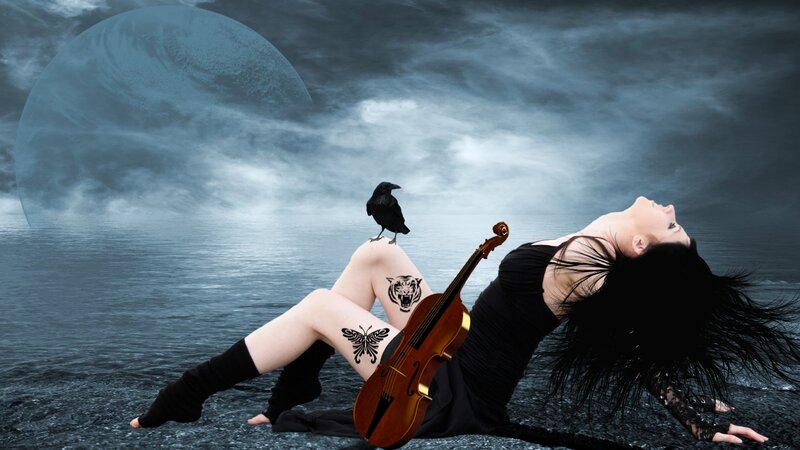 Woman with Violin — Black, Dramatic, Night, Digital Art, Crow, Tiger Tattoo