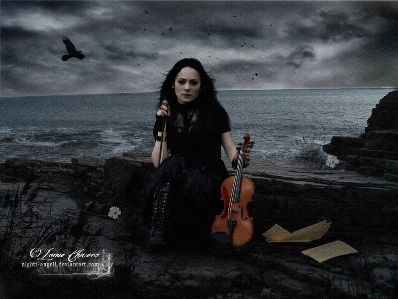 Woman with Violin — Black, Dramatic, Night, Digital Art, Crows